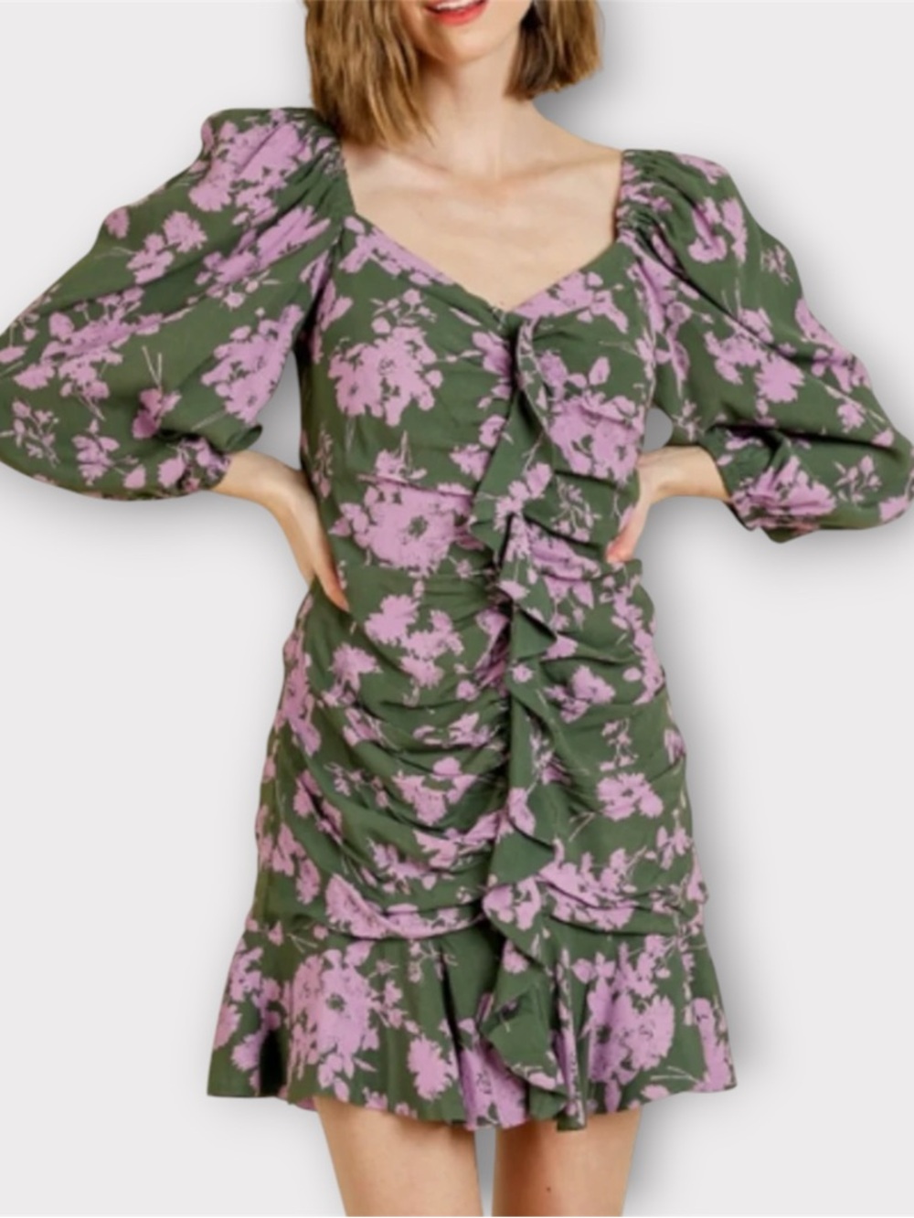 Umgee Green Pink Floral Mini Dress Balloon Sleeves Rouched Ruffle Size Small